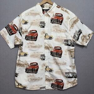 North River Outfitters Men’s L Vintage Car Print Button Shirt Retro Beige Casual